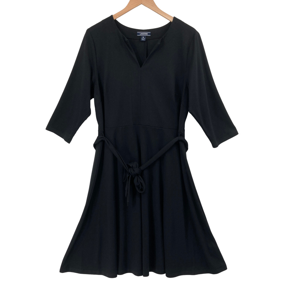 Lands' End Black V-Neck 3/4 Sleeve Tie Waist Fit & Flare Dress Size 1X (16W-18W)